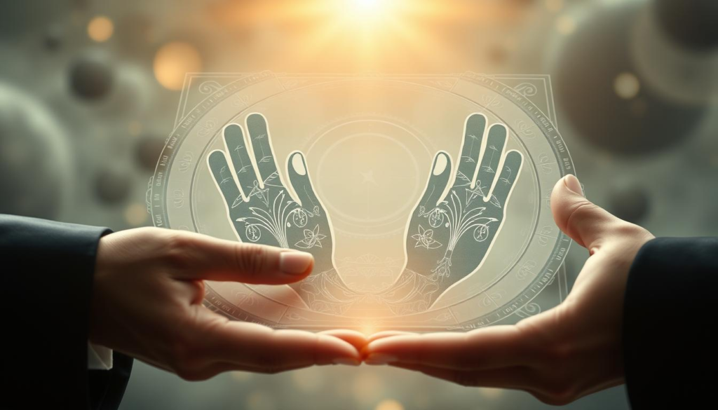 A beautifully detailed close-up image of a palmistry chart integrated with intricate love patterns, set against a soft, misty background. In the foreground, a pair of hands in professional business attire gently hold the chart, their fingers tracing over the lines symbolizing love and relationships. The middle ground features a blurred texture representing emotions, enhancing the focus on the hands and chart. In the background, a celestial light with a golden aura illuminates the scene, creating a serene, uplifting atmosphere. Soft focus adds a dreamlike quality, emphasizing self-awareness and emotional connection. The overall mood should evoke introspection and harmony, inviting viewers to reflect on their relationships. A beautifully detailed close-up image of a palmistry chart integrated with intricate love patterns, set against a soft, misty background. In the foreground, a pair of hands in professional business attire gently hold the chart, their fingers tracing over the lines symbolizing love and relationships. The middle ground features a blurred texture representing emotions, enhancing the focus on the hands and chart. In the background, a celestial light with a golden aura illuminates the scene, creating a serene, uplifting atmosphere. Soft focus adds a dreamlike quality, emphasizing self-awareness and emotional connection. The overall mood should evoke introspection and harmony, inviting viewers to reflect on their relationships.