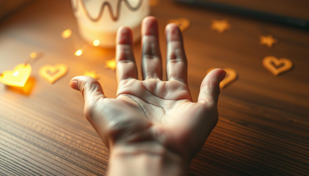 A beautifully detailed close-up of a hand displaying palmistry lines, with an ethereal, mystical celestial light surrounding it. The palm should be placed on a smooth wooden surface, showcasing the intricate lines and mounts clearly. In the background, softly blurred symbols of love and destiny, like hearts and stars, will add depth without distraction. The atmosphere is serene and enchanting, highlighted by a warm golden aura that illuminates the hand. Soft focus gives the image a dreamlike quality, inviting viewers into the world of palm reading. The overall composition is symmetrical, with the hand positioned slightly off-center to create visual interest. The lighting is soft and diffused, ensuring a tranquil and inviting mood, perfect for exploring the art of palmistry.