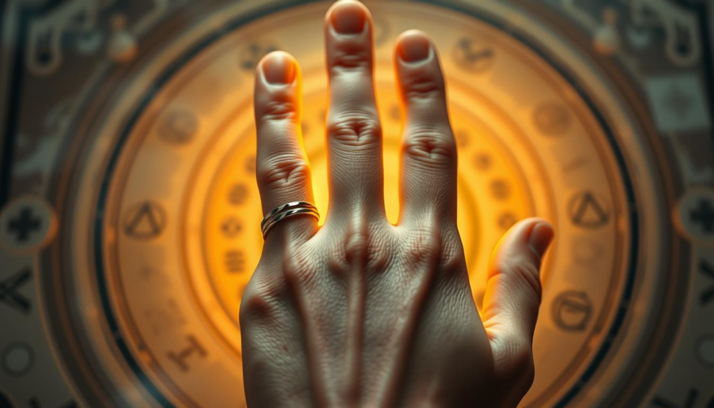 A beautifully detailed close-up of a human hand engaged in palmistry, the lines and shapes on the palm clearly visible. The hand, adorned with minimal, elegant rings, is positioned against a softly blurred background of mystical symbols and charts related to palm reading. A gentle, ethereal glow emanates from the palm, creating a golden aura that highlights the intricate lines and mounts, evoking a sense of destiny and insight. The lighting is soft and warm, enhancing the mystical mood, while the overall composition maintains a symmetrical balance. Shot with a shallow depth of field for a dreamy effect, this image captures the ancient art of palm reading, inviting viewers to explore life direction clues.