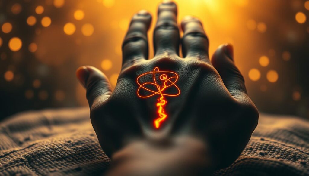 A beautifully detailed close-up of a human hand with an intricately marked fate line on the palm, symbolizing destiny and life purpose. The hand is gently resting on a textured, soft-focus surface, surrounded by mystical celestial light that creates a golden aura around it. In the background, softly blurred images of stars and constellations will enhance the mystical atmosphere without distracting from the hand. The lighting is ethereal, highlighting the fate line with a warm glow, while casting gentle shadows that evoke a sense of depth. The overall mood is contemplative and serene, inviting viewers to reflect on the deeper meanings of fate and life paths. No text or additional elements present.