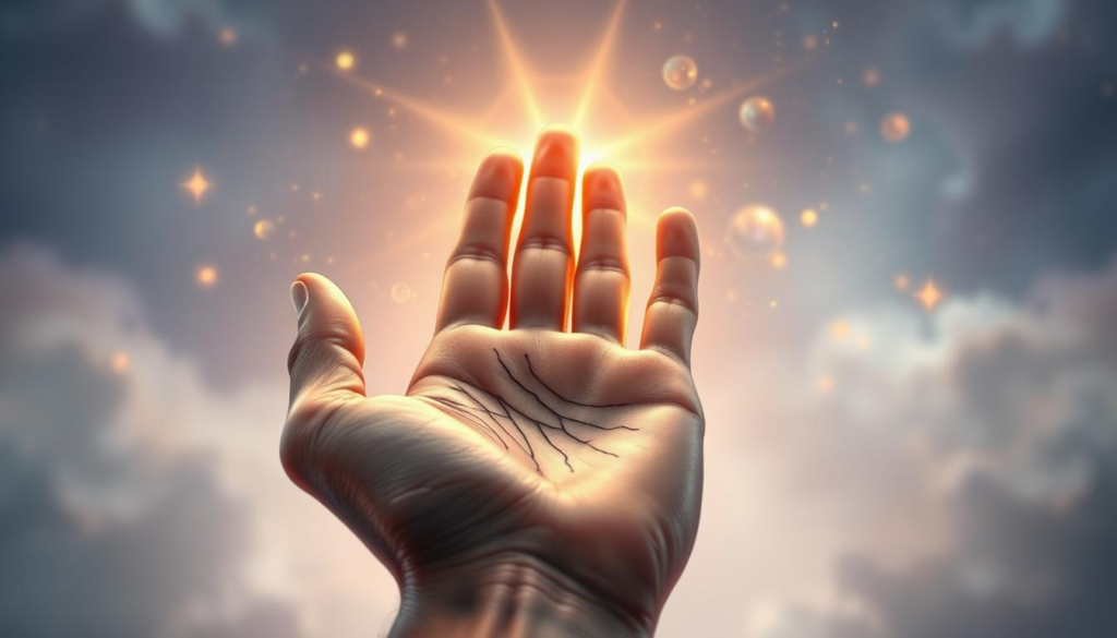 A beautifully detailed illustration of an open palm, showcasing intricate lines and symbols associated with palmistry, set against a mistical celestial background. In the foreground, the palm is rendered in soft focus, emphasizing the emotional patterns etched into the skin, with a golden aura illuminating the lines. In the middle ground, subtle cosmic elements, like stars and swirling nebulae, create a sense of depth and wonder. The background features a gradient of soft blues and purples, enhancing the ethereal quality of the scene. The overall atmosphere is introspective and serene, inviting viewers to explore the connection between palmistry and self-discovery in emotional relationships. The lighting is warm and inviting, with a slight shimmer that adds to the mystical feel.