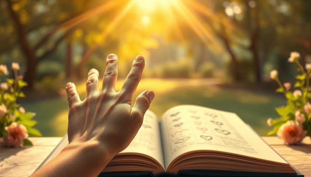 A beautifully illustrated hand in the foreground, displaying intricate lines and symbols of palmistry. The hand is gently illuminated by mystical, celestial light, casting a soft glow that highlights the depth of the skin's textures. In the middle ground, there's an open book of palmistry, elegantly positioned, with delicate illustrations of hearts and love symbols, surrounded by lush green leaves and delicate flowers symbolizing emotional sensitivity. The background features a tranquil, softly blurred setting of a serene garden, with warm sunlight filtering through the trees, creating a golden aura that envelops the scene. The entire atmosphere conveys a soothing, introspective mood, ideal for the ancient art of palm reading. The composition is symmetrical, with no distortion, captured in a dreamy, soft-focus style.