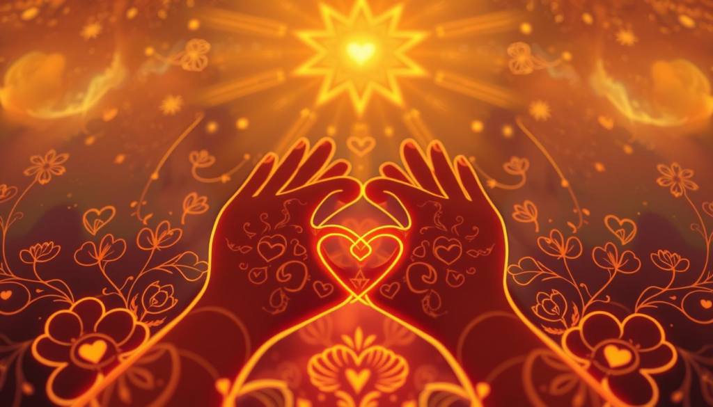 A beautifully intricate design representing "love patterns," blending traditional palmistry symbols with modern motifs. In the foreground, depict delicate heart shapes and intertwined hands, showcasing palmistry lines drawn in glowing gold. The middle ground features subtle floral designs, suggesting growth and connection, while celestial elements like soft stars and gentle clouds swirl around. The background radiates a warm, mistical light, creating a harmonious atmosphere filled with soft focus and a golden aura. Use a wide-angle lens to capture the symmetry of the patterns, emphasizing balance and unity. The overall mood should be serene and uplifting, evoking a sense of deep emotional connection and insight into relationships. A beautifully intricate design representing "love patterns," blending traditional palmistry symbols with modern motifs. In the foreground, depict delicate heart shapes and intertwined hands, showcasing palmistry lines drawn in glowing gold. The middle ground features subtle floral designs, suggesting growth and connection, while celestial elements like soft stars and gentle clouds swirl around. The background radiates a warm, mistical light, creating a harmonious atmosphere filled with soft focus and a golden aura. Use a wide-angle lens to capture the symmetry of the patterns, emphasizing balance and unity. The overall mood should be serene and uplifting, evoking a sense of deep emotional connection and insight into relationships.