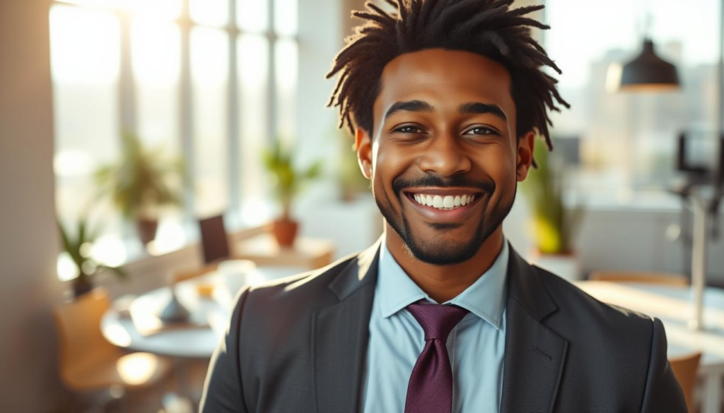 A charismatic individual stands confidently in a modern office space, exuding a vibrant energy that captivates the viewer. The foreground features a professional wearing a tailored suit, with an assertive posture and a warm, engaging smile. The middle ground showcases expansive windows allowing natural light to filter in, casting soft shadows that accentuate the subject’s features. In the background, a bright, contemporary office environment with minimalistic decor enhances the atmosphere of professionalism and approachability. The lighting is bright yet soft, creating an inviting yet powerful ambiance. The overall mood conveys confidence, dynamism, and positive energy, perfectly representing an energetic presence that commands attention when entering a room.