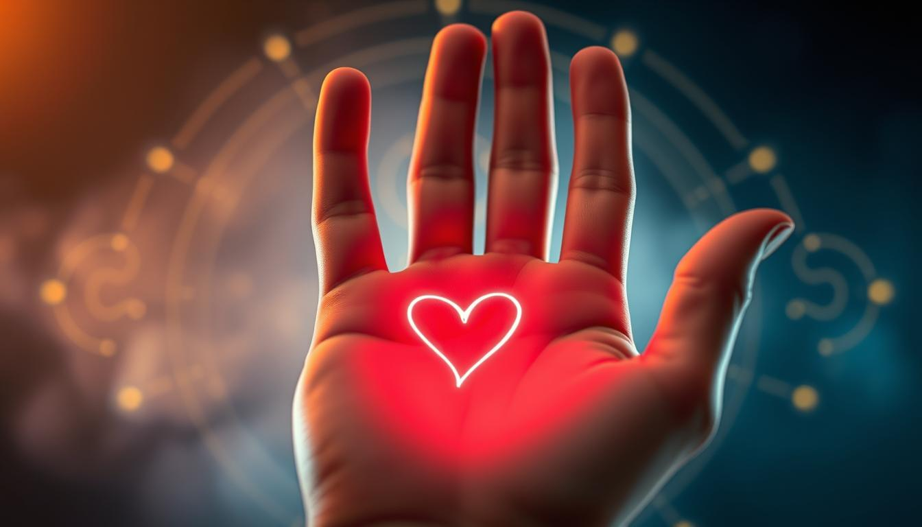 A close-up image of a human palm displaying a clearly defined heart line, emphasizing its significance in palmistry. The foreground features the palm centered, with the lines sharply focused and highlighted by a soft, mystical celestial light. In the middle ground, subtle outlines of other palm lines can be seen, softly illuminated to provide context without distraction. The background has a gentle, dreamy haze with a golden aura, enhancing the magical feel of the scene. The overall atmosphere is serene and introspective, inviting viewers to explore the meaning behind palm lines. Use soft focus and ensure a symmetrical composition, capturing the essence of love destiny without any text or additional elements.