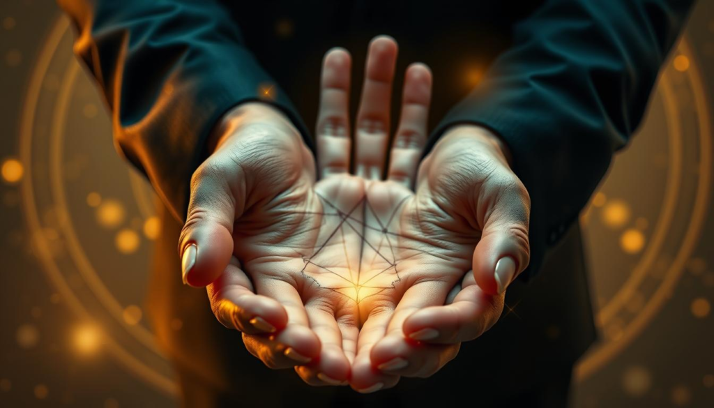 A close-up image of a pair of hands gently holding an intricately detailed palm, showcasing various lines and markings associated with palmistry, emphasizing the life path line. The hands are adorned with elegant rings, dressed in professional business attire. Surrounding the palms, a soft, golden aura radiates mistical celestial light, creating a warm and inviting atmosphere. In the background, an abstract representation of stars and planets subtly blends with soft focus to enhance the mystical theme. The lighting is soft and diffused, casting gentle shadows that highlight the contours of the hands and palm. The composition is symmetrical, ensuring a balanced and harmonious visual, evoking a sense of wisdom and exploration into one’s destiny path.