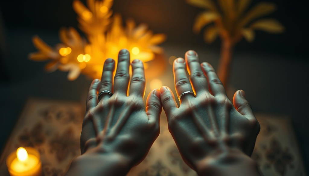 A close-up image of two hands gently holding each other, palms facing up, showcasing intricate palmistry lines illuminated by a soft, mystical celestial light. The foreground features clear details of the hands, adorned with minimalist rings, conveying an air of sophistication and connection. In the middle ground, a blurred background of a serene environment with natural elements, like softly glowing plants or crystals, enhances the sense of tranquility and intimacy. The overall mood should evoke warmth and emotional exchange, with a golden aura surrounding the hands to symbolize the merging of tradition and technology. Use soft focus to create a dreamlike quality, capturing the essence of soul connection through palmistry. A close-up image of two hands gently holding each other, palms facing up, showcasing intricate palmistry lines illuminated by a soft, mystical celestial light. The foreground features clear details of the hands, adorned with minimalist rings, conveying an air of sophistication and connection. In the middle ground, a blurred background of a serene environment with natural elements, like softly glowing plants or crystals, enhances the sense of tranquility and intimacy. The overall mood should evoke warmth and emotional exchange, with a golden aura surrounding the hands to symbolize the merging of tradition and technology. Use soft focus to create a dreamlike quality, capturing the essence of soul connection through palmistry.