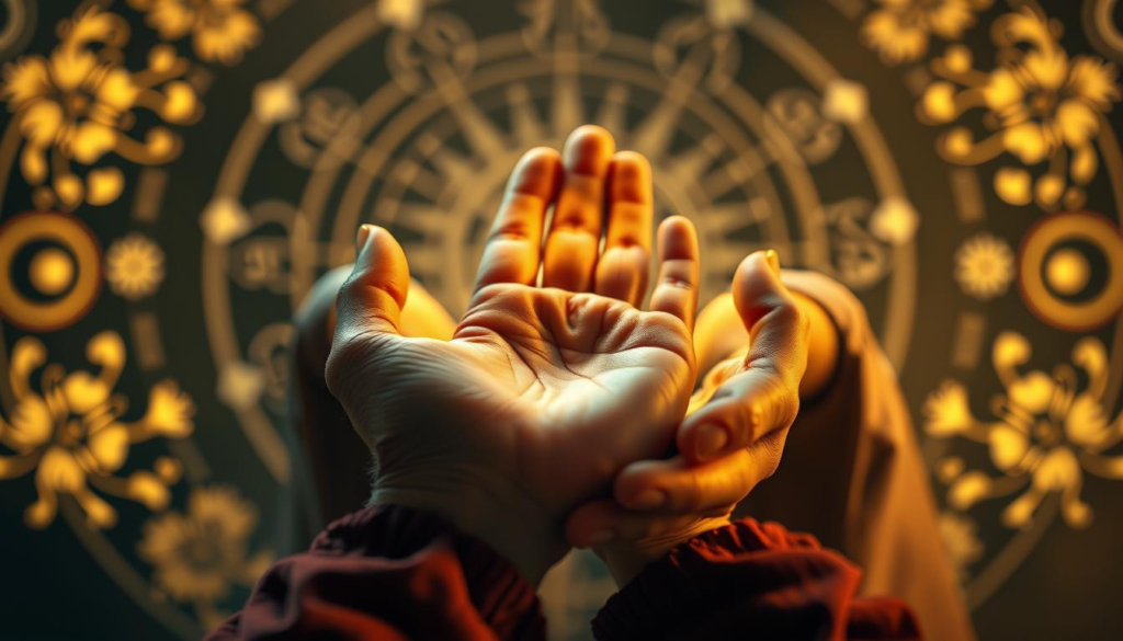A close-up of a beautifully detailed palm being read, held gently by two hands adorned in elegant, modest clothing. The hands are positioned centrally, showcasing the intricate lines of the palm, illuminated by a soft, mystical celestial light that casts a golden aura around them. In the background, a softly blurred array of astrological symbols and delicate floral motifs subtly enhances the theme of romantic compatibility and emotional balance. The lighting is warm and inviting, creating a serene atmosphere. The overall composition is symmetrical, with a soft focus creating a dreamlike quality, evoking a sense of deep connection and introspection related to the art of palm reading. The scene is well-composed with a shallow depth of field, drawing attention to the hands and palm.