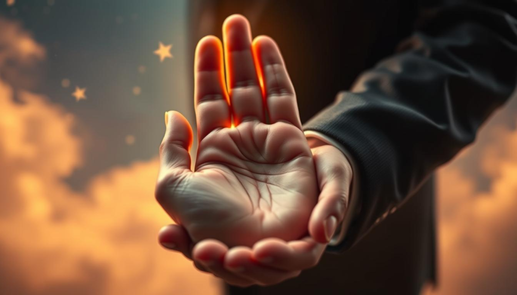 A close-up of a gently cupped hand, showcasing intricate palm lines that symbolize love and connection, with a soft glowing golden aura surrounding the palm. The hand is dressed in modest, professional attire, adding an elegant touch. In the background, a soft-focus scene featuring misty celestial elements like stars and abstract swirling clouds, creating an ethereal atmosphere that evokes mystery and introspection. The lighting is warm and inviting, casting delicate reflections, while the composition maintains symmetry to evoke harmony. The mood is contemplative, encouraging viewers to reflect on the deeper meanings of their palm's story. A close-up of a gently cupped hand, showcasing intricate palm lines that symbolize love and connection, with a soft glowing golden aura surrounding the palm. The hand is dressed in modest, professional attire, adding an elegant touch. In the background, a soft-focus scene featuring misty celestial elements like stars and abstract swirling clouds, creating an ethereal atmosphere that evokes mystery and introspection. The lighting is warm and inviting, casting delicate reflections, while the composition maintains symmetry to evoke harmony. The mood is contemplative, encouraging viewers to reflect on the deeper meanings of their palm's story.