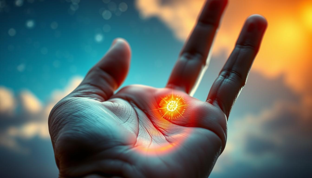 A close-up of a hand displaying intricate palmistry lines, the palm oriented towards the viewer, showcasing a mystical, glowing aura around it. The background features a softly blurred celestial sky with twinkling stars and ethereal clouds, adding to the sense of introspection and self-discovery. In the foreground, a faint golden light illuminates the palm, emphasizing the detailed lines and mounts of the hand. The image should capture a serene and contemplative mood, inviting the viewer to explore the deeper meanings of their destiny. Soft, diffused lighting enhances the ethereal quality, creating a dreamlike atmosphere. The angle is slightly tilted, allowing for a dynamic view of the hand in focus, surrounded by a halo of light. A close-up of a hand displaying intricate palmistry lines, the palm oriented towards the viewer, showcasing a mystical, glowing aura around it. The background features a softly blurred celestial sky with twinkling stars and ethereal clouds, adding to the sense of introspection and self-discovery. In the foreground, a faint golden light illuminates the palm, emphasizing the detailed lines and mounts of the hand. The image should capture a serene and contemplative mood, inviting the viewer to explore the deeper meanings of their destiny. Soft, diffused lighting enhances the ethereal quality, creating a dreamlike atmosphere. The angle is slightly tilted, allowing for a dynamic view of the hand in focus, surrounded by a halo of light.