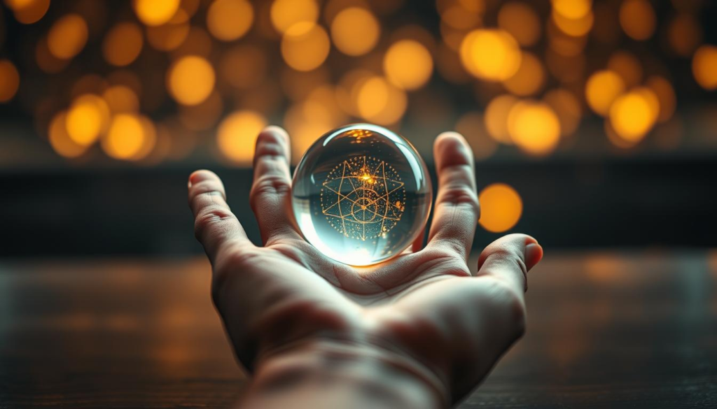 A close-up of a hand gently opened in palmistry style, showcasing intricate lines and markings, highlighted by a soft, mystical celestial light. The fingertips are adorned with subtle rings, set against a backdrop of blurred, warm-toned ethereal bokeh, creating an inviting and harmonious atmosphere. In the middle ground, an elegant crystal ball sits on a dark wooden table, reflecting a golden aura that enhances the sense of discovery and introspection. The lighting is softly diffused, enhancing the details of the hand while casting a gentle glow on the palmistry symbols. The entire composition is symmetrical, suggesting balance and serenity, inviting viewers to contemplate their emotional attachment and self-discovery through palmistry. A close-up of a hand gently opened in palmistry style, showcasing intricate lines and markings, highlighted by a soft, mystical celestial light. The fingertips are adorned with subtle rings, set against a backdrop of blurred, warm-toned ethereal bokeh, creating an inviting and harmonious atmosphere. In the middle ground, an elegant crystal ball sits on a dark wooden table, reflecting a golden aura that enhances the sense of discovery and introspection. The lighting is softly diffused, enhancing the details of the hand while casting a gentle glow on the palmistry symbols. The entire composition is symmetrical, suggesting balance and serenity, inviting viewers to contemplate their emotional attachment and self-discovery through palmistry.