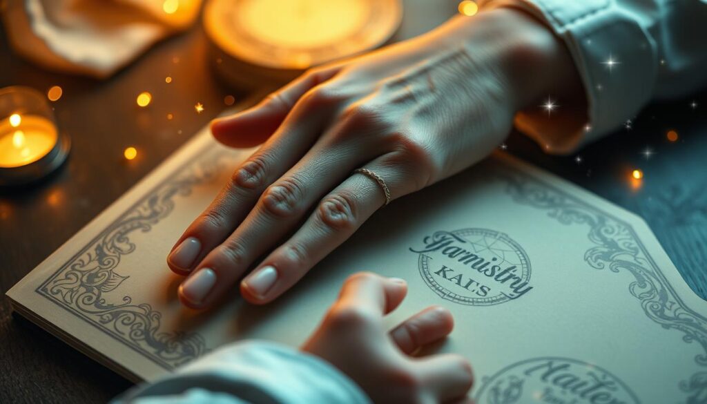 A close-up of a hand gently resting on an ornate palmistry book, revealing the fate line prominently on the palm. The hand should be adorned with subtle rings, showcasing professionalism in modest attire. The background features a softly glowing, mystical ambiance with a hint of celestial light, casting a warm golden aura around the scene. Delicate sparkles and ethereal patterns subtly float in the air, enhancing the mystical atmosphere. The lighting is soft and evenly distributed, adding a dreamy quality to the image. The focus is sharp on the hand and the palmistry book, creating a symmetrical composition that draws the viewer in, symbolizing personal direction and self-discovery. A close-up of a hand gently resting on an ornate palmistry book, revealing the fate line prominently on the palm. The hand should be adorned with subtle rings, showcasing professionalism in modest attire. The background features a softly glowing, mystical ambiance with a hint of celestial light, casting a warm golden aura around the scene. Delicate sparkles and ethereal patterns subtly float in the air, enhancing the mystical atmosphere. The lighting is soft and evenly distributed, adding a dreamy quality to the image. The focus is sharp on the hand and the palmistry book, creating a symmetrical composition that draws the viewer in, symbolizing personal direction and self-discovery.