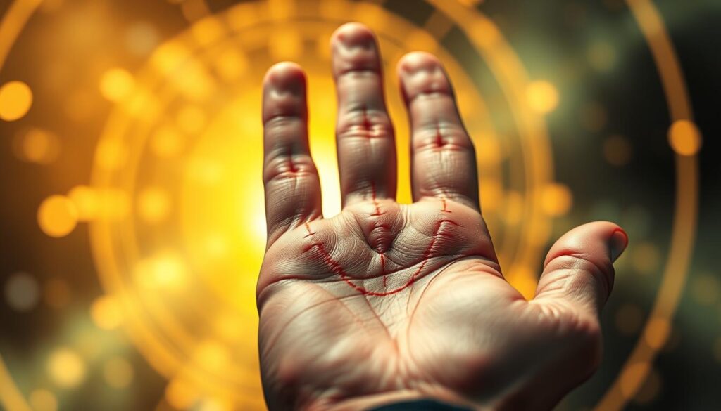 A close-up of a human hand with intricately detailed palm lines, showcasing the heart line, head line, and life line prominently on a visible palm. The hand is positioned centrally against a softly blurred mystical background featuring celestial lights and a golden aura. The lighting is soft and warm, creating an ethereal glow around the lines, emphasizing their importance in palmistry. A gentle focus enhances the serene and meditative atmosphere, inviting viewers to reflect on life's deeper themes. The hand is clad in professional attire, ensuring a respectful and polished appearance. The overall composition is symmetrical, drawing the eye towards the complex design of the palm lines, set within an enchanting and harmonious environment. A close-up of a human hand with intricately detailed palm lines, showcasing the heart line, head line, and life line prominently on a visible palm. The hand is positioned centrally against a softly blurred mystical background featuring celestial lights and a golden aura. The lighting is soft and warm, creating an ethereal glow around the lines, emphasizing their importance in palmistry. A gentle focus enhances the serene and meditative atmosphere, inviting viewers to reflect on life's deeper themes. The hand is clad in professional attire, ensuring a respectful and polished appearance. The overall composition is symmetrical, drawing the eye towards the complex design of the palm lines, set within an enchanting and harmonious environment.