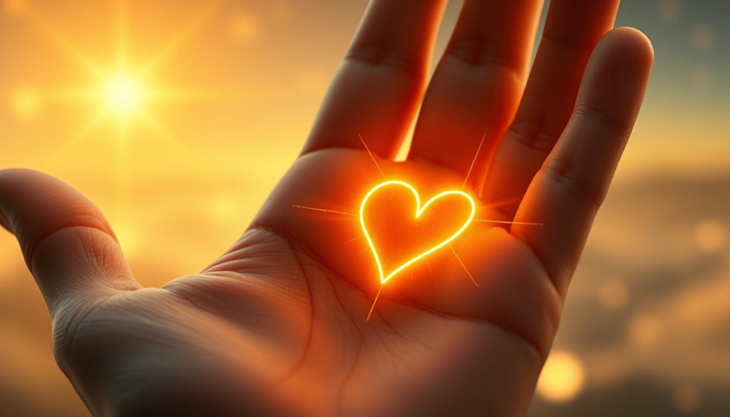 A close-up of a human palm displaying the heart line in exquisite detail, emphasizing its curves and connections to other lines. The foreground is softly illuminated with a mystical celestial light that creates a warm golden aura around the hand. In the middle ground, delicate palmistry symbols subtly blend with the outlines of the heart line, enhancing its significance. The background features a softly blurred, ethereal landscape that suggests an ambiance of insight and love. The lighting is gentle, casting a serene glow that reflects the emotional depth of palmistry. The image conveys an atmosphere of mystery and intrigue, inviting viewers to explore their romantic choices through the ancient art of palmistry.