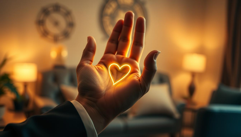 A close-up of a pair of hands engaged in palm reading, emphasizing the heart line clearly marked on the palm. The hands should be in professional business attire, conveying a sense of wisdom and insight. Surrounding the hands, a mystical celestial light casts a soft, golden aura, adding an ethereal atmosphere. The background should feature blurred elements of an elegant, cozy setting, like a softly lit room adorned with subtle astrological motifs. The lighting is warm and inviting, creating a serene environment conducive to contemplation. The focus is sharp on the hands and palm while maintaining a gentle, soft focus on the background, enhancing the sense of depth and connection to the ancient art of palm reading. A close-up of a pair of hands engaged in palm reading, emphasizing the heart line clearly marked on the palm. The hands should be in professional business attire, conveying a sense of wisdom and insight. Surrounding the hands, a mystical celestial light casts a soft, golden aura, adding an ethereal atmosphere. The background should feature blurred elements of an elegant, cozy setting, like a softly lit room adorned with subtle astrological motifs. The lighting is warm and inviting, creating a serene environment conducive to contemplation. The focus is sharp on the hands and palm while maintaining a gentle, soft focus on the background, enhancing the sense of depth and connection to the ancient art of palm reading.