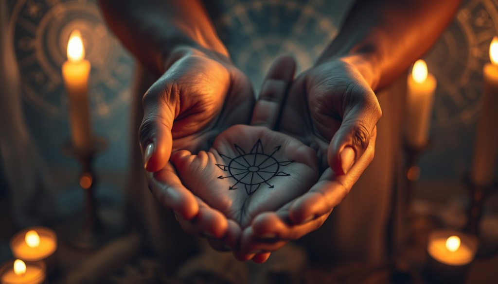 A close-up of a pair of hands gently holding a delicate palm, intricately adorned with mystical symbols and lines, symbolizing palmistry. The subject is depicted in a serene indoor setting, surrounded by soft, glowing candles that cast a warm, golden aura. In the background, an array of celestial patterns and soft-focus representations of constellations can be seen, creating an enchanting atmosphere. The lighting is soft and ethereal, enhancing the sense of mystery and depth. The focus is on the textures of the hands and palm, while the background subtly suggests the emotional energy associated with relationships. The overall mood is tranquil and introspective, inviting viewers to explore the art of palm reading with a sense of wonder.