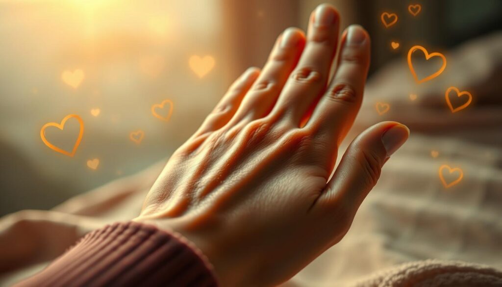 A close-up of an intricately detailed hand depicting palmistry symbols, gently illuminated by mystical celestial light. The hand, showing lines that represent love and relationships, rests on a soft velvet fabric, suggesting intimacy and warmth. Surrounding the hand, subtle hints of swirling golden aura and symbols of love, like hearts and intertwined rings, float gently in the atmosphere. The background features a dreamy, blurred landscape evoking tranquility, with soft bokeh effects that enhance the ethereal quality. The overall scene is softly focused, creating a harmonious and serene mood that invites contemplation on the connection between palmistry and romantic choices. The lighting is warm and inviting, emphasizing the intricate details of the palmistry lines while maintaining a professional and artistic presentation.