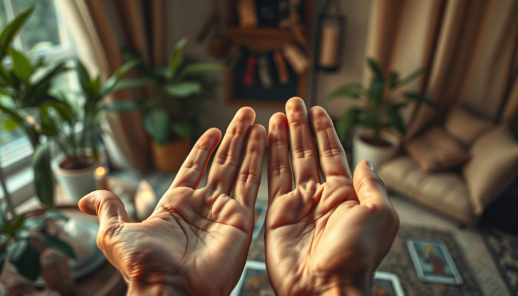 A close-up of two hands engaged in palmistry, gracefully positioned to reveal intricate palm lines and patterns, highlighting emotional connections. The foreground features a richly detailed palm with delicate symbols representing love and relationship energy, illuminated by a mystical, soft-focus celestial light that casts a golden aura around them. In the middle ground, gently blurred crystals and tarot cards hint at spirituality and guidance, while the background consists of a serene, softly hued setting resembling a cozy room filled with lush greenery and warm textures, evoking a sense of comfort and intimacy. The atmosphere is tranquil and inviting, emphasizing the deep emotional exchange found in the art of palm reading, captured with a professional lens for clarity and depth. A close-up of two hands engaged in palmistry, gracefully positioned to reveal intricate palm lines and patterns, highlighting emotional connections. The foreground features a richly detailed palm with delicate symbols representing love and relationship energy, illuminated by a mystical, soft-focus celestial light that casts a golden aura around them. In the middle ground, gently blurred crystals and tarot cards hint at spirituality and guidance, while the background consists of a serene, softly hued setting resembling a cozy room filled with lush greenery and warm textures, evoking a sense of comfort and intimacy. The atmosphere is tranquil and inviting, emphasizing the deep emotional exchange found in the art of palm reading, captured with a professional lens for clarity and depth.