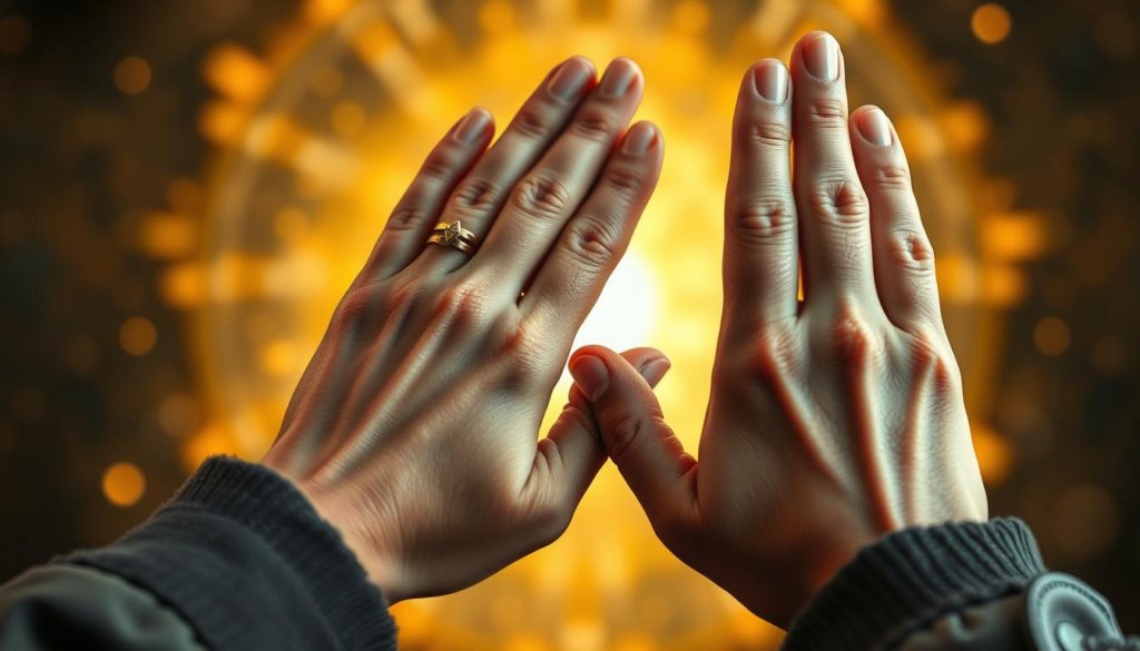 A close-up of two hands engaged in palmistry, with one hand gently holding the other, showcasing intricate palm lines symbolizing love and emotional connections. The hands are adorned with simple, elegant rings, dressed in modest casual attire. The background features a softly blurred, mystical celestial light with a golden aura, creating a warm and inviting atmosphere. A symmetrical composition highlights the palms, accentuating the details of the lines and the subtle gestures of trust and intimacy. The lighting is soft and diffused, enhancing the serene mood. The overall image evokes a sense of warmth, emotional depth, and connection, perfect for the theme of emotional intimacy and trust in relationships.