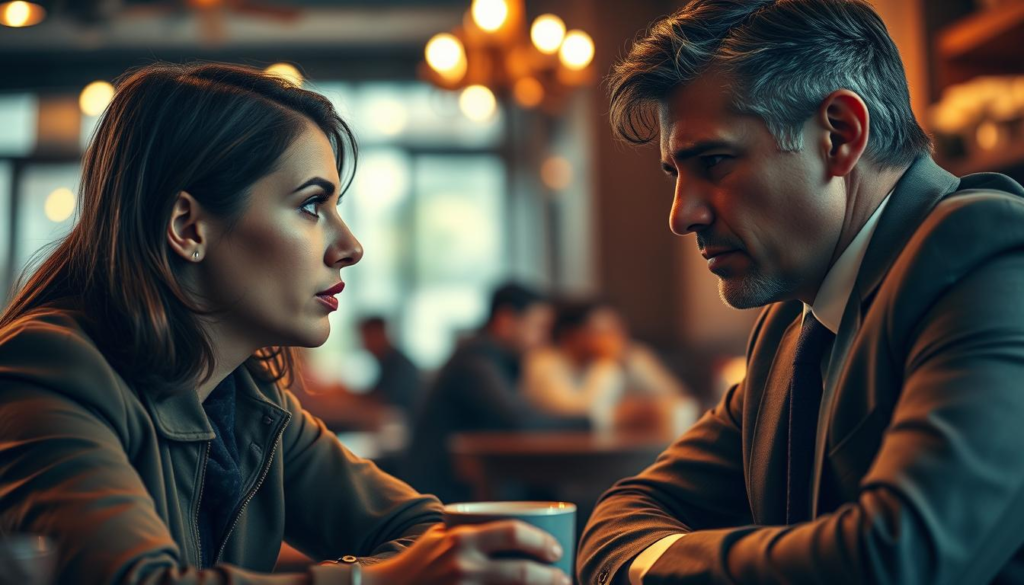 A close-up of two individuals sitting across from each other at a coffee shop, their faces illuminated by warm, soft lighting that captures the intensity of their emotional exchange. One person, dressed in smart casual attire, appears deeply engaged, their eyes wide and expressive, while the other, in professional business attire, leans forward with a furrowed brow, reflecting a mix of vulnerability and intensity. The background features blurred elements of the café, hinting at other patrons but focusing on the central emotional connection between the two figures. The atmosphere is charged, evoking a sense of warmth and tension, as if their conversation is teetering on the edge of profound understanding and miscommunication. The angle is slightly elevated, providing a clear view of their interactions without distraction. A close-up of two individuals sitting across from each other at a coffee shop, their faces illuminated by warm, soft lighting that captures the intensity of their emotional exchange. One person, dressed in smart casual attire, appears deeply engaged, their eyes wide and expressive, while the other, in professional business attire, leans forward with a furrowed brow, reflecting a mix of vulnerability and intensity. The background features blurred elements of the café, hinting at other patrons but focusing on the central emotional connection between the two figures. The atmosphere is charged, evoking a sense of warmth and tension, as if their conversation is teetering on the edge of profound understanding and miscommunication. The angle is slightly elevated, providing a clear view of their interactions without distraction.