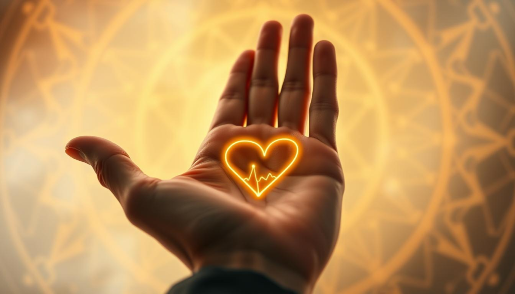A close-up view of a hand in professional business attire, palm facing upwards, showcasing a detailed heart line with intricate lines stemming from it. The hand is positioned delicately against a softly lit, misty celestial background, creating an ethereal atmosphere. Surrounding the hand, a golden aura glows gently, illuminating the heart line in a mystical manner. The background features abstract patterns symbolizing emotional insights and relationship dynamics. The lighting is soft and warm, casting a symmetrical glow across the composition. The focus is on the hand, with the background blurred for depth, evoking a sense of introspection and connection to the art of palm reading. The overall mood is serene and thought-provoking, inviting contemplation on emotional lessons.