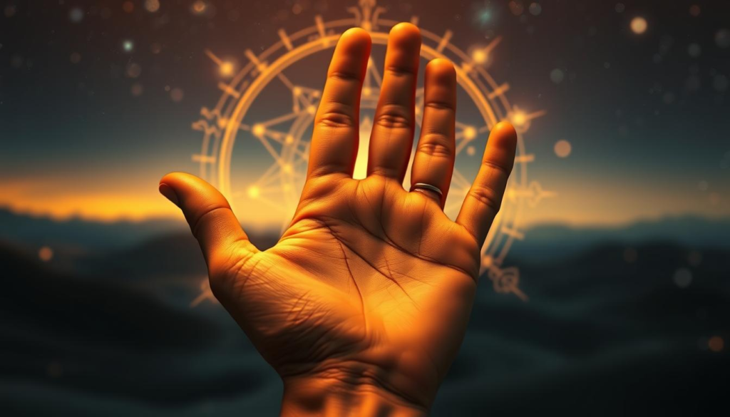 A close-up view of a human hand, palm open and centered in the foreground, showcasing intricate lines and markings that represent palmistry and destiny signs. The skin tone is a warm, inviting hue, and the hand is adorned with subtle, elegant rings. In the middle ground, there are mystical symbols and celestial motifs softly illuminated by a golden aura, intertwining with a light ethereal mist. The background features a softly blurred, dreamy landscape, resembling a twilight sky filled with stars, casting a serene and contemplative atmosphere. The lighting is warm and inviting, with a soft focus effect to enhance the mystical quality of the image. The overall mood is one of discovery and introspection, inviting the viewer to ponder their life's direction and destiny.