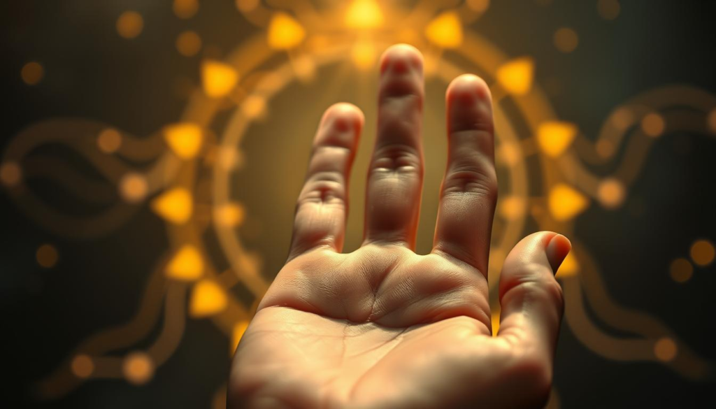 A close-up view of a human palm, elegantly displayed in the foreground, showcasing intricate lines and shapes that symbolize emotional patterns in palmistry. The palm is adorned with a mystical golden aura that softly illuminates the surrounding area, highlighting the unique features such as the heart line, head line, and fate line. In the middle, a blurred background depicts soft, abstract elements resembling flowing emotions and gentle waves, creating a serene atmosphere. Golden celestial light creates a dreamlike quality, accentuating the symmetry of the palm's patterns. The overall mood is introspective and enlightening, emphasizing a deep understanding of emotional influences. The lighting is soft and warm, enhancing the imagery without distortion, shot at a slight angle to add depth. The composition remains free of any text, ensuring a clear focus on the art of palmistry.