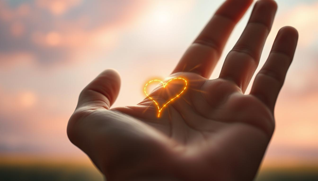 A close-up view of a human palm with distinct heart line markings, displayed prominently in the foreground. The palm is gently illuminated by a mystical celestial light, creating a soft focus around it. In the middle ground, an ethereal golden aura emanates from the lines of the palm, suggesting a connection between personality traits and love. The background features a blurred, serene landscape with soft pastel colors to enhance the mood of introspection and discovery. The overall atmosphere is calm and enlightening, inviting the viewer to explore the deeper meanings of palmistry. The composition is symmetrical, with no distortion, rendered with a photorealistic effect to emphasize the intricate details of the heart line without any text or distractions. A close-up view of a human palm with distinct heart line markings, displayed prominently in the foreground. The palm is gently illuminated by a mystical celestial light, creating a soft focus around it. In the middle ground, an ethereal golden aura emanates from the lines of the palm, suggesting a connection between personality traits and love. The background features a blurred, serene landscape with soft pastel colors to enhance the mood of introspection and discovery. The overall atmosphere is calm and enlightening, inviting the viewer to explore the deeper meanings of palmistry. The composition is symmetrical, with no distortion, rendered with a photorealistic effect to emphasize the intricate details of the heart line without any text or distractions.