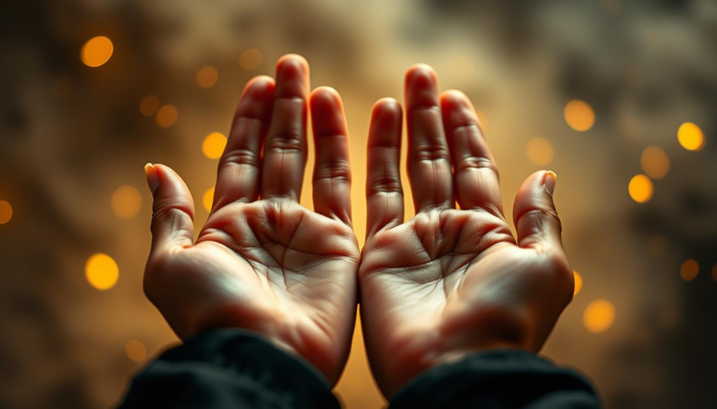 A close-up view of a pair of hands engaged in palmistry, with the palms open and clearly visible, displaying intricate lines that represent destiny and purpose. The fingers should be elegantly elongated, and the hands should be adorned with simple gold rings, reflecting a sense of wisdom. The background is softly blurred, featuring mistical celestial lights and a golden aura that suggests a spiritual atmosphere. The overall lighting is warm and inviting, enhancing the details of the hand lines. Capture this from a slightly elevated angle to emphasize the palms while maintaining a soft focus. The mood should be serene and introspective, inviting the viewer to explore the art of palm reading in a reflective manner.
