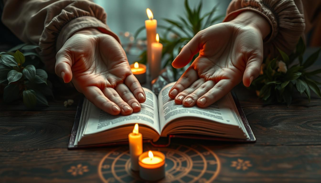 A close-up view of a pair of hands engaged in palmistry, with vibrant, finely detailed palm lines illuminated by soft, mystical celestial light. The hands, dressed in modest, elegant attire, rest gently over a richly textured, dark wooden table adorned with subtle astrological symbols. In the middle ground, an open palmistry book sits slightly askew, its pages fluttering as if caught in a soft breeze, surrounded by delicate candles casting a warm golden aura. The background features a softly blurred assortment of natural elements—lush green plants and faintly glowing crystals—creating a calming and introspective atmosphere. The overall mood reflects emotional openness and vulnerability, inviting exploration of the deeper connections found through palm reading. The image captures warmth and allure, encouraging contemplation of love's significance and the act of sharing one's innermost self.