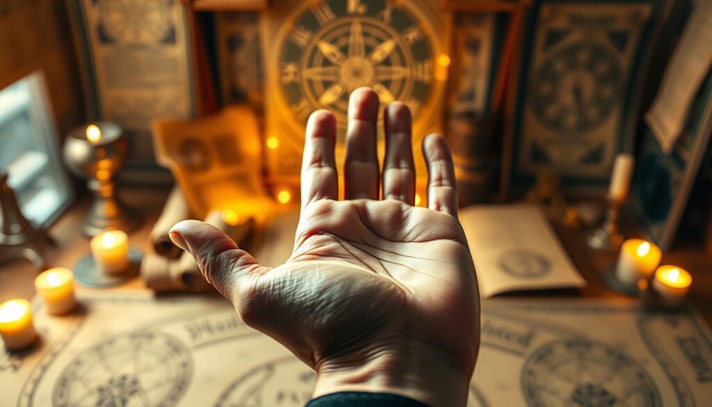 A close-up view of a skilled palm reader's hands gently holding an intricately detailed palm, showcasing the lines of fate and destiny. The palm reading takes center stage in the foreground, fingers delicately tracing the life line, heart line, and head line. In the middle ground, softly glowing mystical symbols and subtle waves of celestial light emerge, enhancing the spiritual atmosphere. The background features a softly blurred, inviting space adorned with ancient scrolls and astrological charts, illuminated by warm, golden ambient light. A balance of soft focus with a hint of mystique encapsulates the scene, creating a serene and contemplative mood, reflecting the art of palmistry. The composition is symmetrical, drawing the viewer's eye to the intricate details of palmistry.