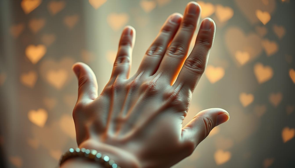 A close-up view of an elegant hand displaying intricate palmistry lines, symbolizing love and relationships. The hand, adorned with subtle jewelry, is softly illuminated by mystical celestial light, creating a warm, golden aura. The palm's features are sharply in focus, while the background is a dreamy bokeh of soft pastels, enhancing the ethereal atmosphere. Subtle hearts and constellations faintly blend into the backdrop, emphasizing the love theme. The lighting is soft, casting gentle shadows that add depth without distortion. The overall mood evokes a sense of mystery and romance, inviting the viewer to explore the ancient art of palm reading and its insights into love. A close-up view of an elegant hand displaying intricate palmistry lines, symbolizing love and relationships. The hand, adorned with subtle jewelry, is softly illuminated by mystical celestial light, creating a warm, golden aura. The palm's features are sharply in focus, while the background is a dreamy bokeh of soft pastels, enhancing the ethereal atmosphere. Subtle hearts and constellations faintly blend into the backdrop, emphasizing the love theme. The lighting is soft, casting gentle shadows that add depth without distortion. The overall mood evokes a sense of mystery and romance, inviting the viewer to explore the ancient art of palm reading and its insights into love.