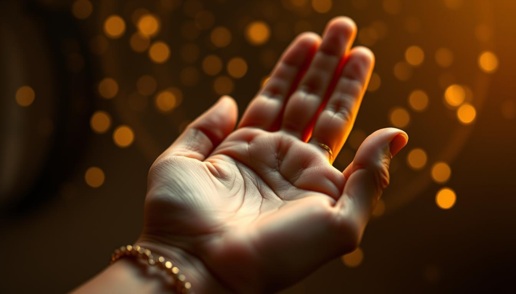 A close-up view of an elegant hand gently holding a palm, with intricate lines and mounts clearly visible, symbolizing love and relationships. The hand is adorned with delicate, understated jewelry, reflecting a nurturing aura. In the background, a soft focus blending of mystical celestial lights creates an ethereal atmosphere, casting a golden glow around the palm and enhancing the details of the lines. The scene is illuminated by warm, diffused lighting, adding depth and richness to the textures. The composition is symmetrical, emphasizing harmony and balance, while capturing the essence of palmistry's insights into love. The overall mood is one of tranquility and reflection, inviting viewers to explore the depths of their relationships. A close-up view of an elegant hand gently holding a palm, with intricate lines and mounts clearly visible, symbolizing love and relationships. The hand is adorned with delicate, understated jewelry, reflecting a nurturing aura. In the background, a soft focus blending of mystical celestial lights creates an ethereal atmosphere, casting a golden glow around the palm and enhancing the details of the lines. The scene is illuminated by warm, diffused lighting, adding depth and richness to the textures. The composition is symmetrical, emphasizing harmony and balance, while capturing the essence of palmistry's insights into love. The overall mood is one of tranquility and reflection, inviting viewers to explore the depths of their relationships.