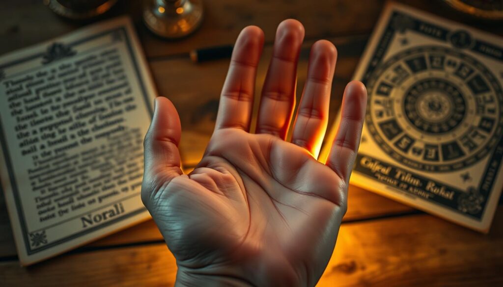 A close-up view of an open palm, showcasing intricate lines and patterns that symbolize fate and destiny, placed on an antique wooden table. Surround the palm with mystical celestial light that softly illuminates the lines, creating a golden aura effect. In the background, display faded, ancient palmistry texts and astrological symbols subtly blurred to maintain focus on the palm. Use soft focus and warm lighting to enhance the serene and introspective atmosphere, conveying a sense of history and knowledge in palm reading. Capture this scene with a slight overhead angle to emphasize the details of the hand while maintaining a balanced composition.
