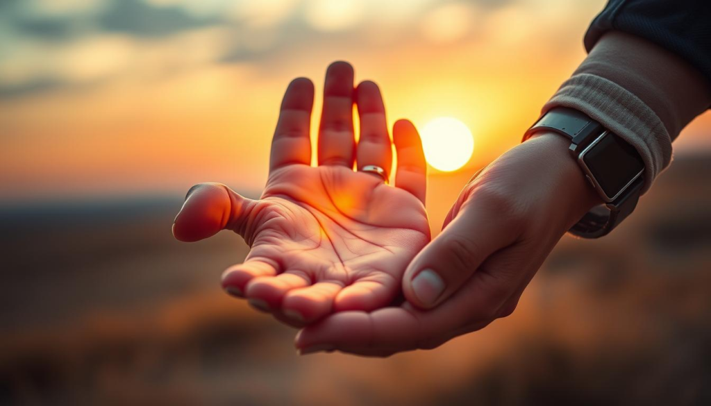 A close-up view of two hands gently holding a palm, showcasing intricate lines and patterns on the palm's surface, symbolizing connection and love. The hands are clothed in modest attire, one a feminine touch with delicate rings, the other a masculine touch with a watch, reflecting harmony. Surrounding the hands, a mystical celestial light creates a soft focus, illuminating the palm with a golden aura that highlights its details. In the background, a serene, blurred landscape of a soft sunset blends warm tones, enhancing the sense of intimacy and emotional bonding. The atmosphere is calm and inviting, evoking a sense of deep connection and understanding, perfect for illustrating the essence of palm reading in love. A close-up view of two hands gently holding a palm, showcasing intricate lines and patterns on the palm's surface, symbolizing connection and love. The hands are clothed in modest attire, one a feminine touch with delicate rings, the other a masculine touch with a watch, reflecting harmony. Surrounding the hands, a mystical celestial light creates a soft focus, illuminating the palm with a golden aura that highlights its details. In the background, a serene, blurred landscape of a soft sunset blends warm tones, enhancing the sense of intimacy and emotional bonding. The atmosphere is calm and inviting, evoking a sense of deep connection and understanding, perfect for illustrating the essence of palm reading in love.