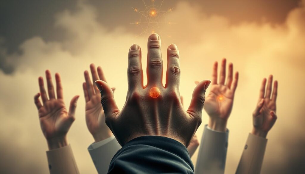 A detailed and artistic representation of various palmistry hand shapes, showcasing distinctly shaped hands like square, rectangular, and conical, arranged tastefully on a soft, misty background. The foreground features a close-up of the hand shapes, each highlighting prominent lines and mounts, illuminated by a mystical celestial light that casts a golden aura around them. The hands are depicted in professional, elegant business attire, ensuring a polished look. The middle ground includes subtle, abstract symbols representing personality traits associated with each hand shape. The overall mood is serene and introspective, with soft focus and no distortion, creating a harmonious blend of art and mysticism. The image captures the essence of palmistry in a sophisticated and engaging manner. A detailed and artistic representation of various palmistry hand shapes, showcasing distinctly shaped hands like square, rectangular, and conical, arranged tastefully on a soft, misty background. The foreground features a close-up of the hand shapes, each highlighting prominent lines and mounts, illuminated by a mystical celestial light that casts a golden aura around them. The hands are depicted in professional, elegant business attire, ensuring a polished look. The middle ground includes subtle, abstract symbols representing personality traits associated with each hand shape. The overall mood is serene and introspective, with soft focus and no distortion, creating a harmonious blend of art and mysticism. The image captures the essence of palmistry in a sophisticated and engaging manner.