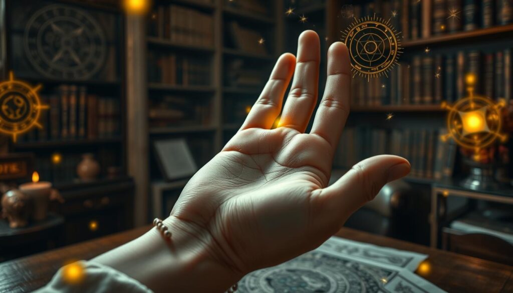 A detailed close-up of a professional hand showing intricate palm lines, emphasizing a prominent fate line, illuminated by mystical celestial light. The hand is positioned gracefully on an antique wooden table draped with delicate fabric. Surrounding the hand, softly blurred images of astrological symbols and ethereal wisps of golden aura create a dreamlike atmosphere. In the background, a softly lit room with shelves filled with ancient books enhances the sense of wisdom and introspection. The overall mood is serene and contemplative, inviting the viewer to reflect on destiny and life purpose. Use a soft focus, ensuring all elements are symmetrical and without distortion, capturing the essence of palmistry intertwined with spirituality.
