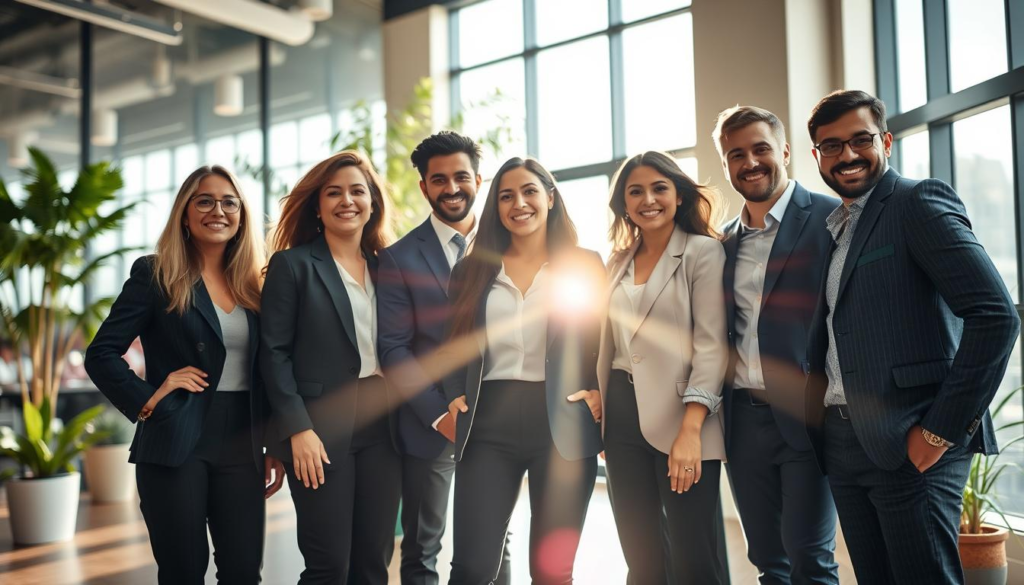 A dynamic scene capturing the essence of "charismatic energy" in a professional setting. In the foreground, a diverse group of individuals stands confidently, dressed in stylish business attire, their body language open and inviting. The middle ground features soft, radiant light highlighting their faces, suggesting warmth and approachability. The background reveals a modern office environment with large windows, allowing natural light to flood in, creating a vibrant atmosphere. The lighting should emphasize the individuals' expressions of enthusiasm and confidence, while hints of greenery from potted plants add a refreshing touch. The overall mood exudes positivity and a sense of unspoken communication, illustrating the impact of energetic presence. Use a shallow depth of field to focus on the group, with a slight bokeh effect in the background to enhance the subject.