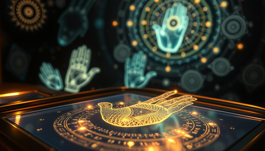 A futuristic palmistry device, known as "SoulMirror," elegantly merges ancient art with advanced technology. In the foreground, a sleek, transparent touchscreen displays intricate palm lines, glowing in a mystical celestial light, surrounded by delicate, golden auras that signify energy flow. The middle ground features subtle holographic images of palms illuminated by soft focus, reflecting various life paths and evolutionary symbols. In the background, abstract patterns of cosmic elements and spirals give a sense of depth and spirituality. The scene is warmly lit, enchanting the viewer with a harmonious blend of tradition and innovation. Capture this moment from a slightly elevated angle, emphasizing the device's sophisticated design while maintaining a serene and contemplative atmosphere.