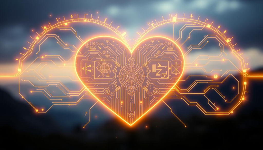 A heart line design intricately woven with ancient symbols representing love and connection, seamlessly merging with a modern technological circuit board pattern. In the foreground, the heart line glows softly with a mystical celestial light, radiating a golden aura that envelops the symbols. The middle layer features a sleek, stylized representation of a digital interface, with glowing lines connecting the ancient and modern elements. In the background, a blurred, serene landscape hinting at nature's embrace, softly illuminated to evoke tranquility. The mood is contemplative and harmonious, conveying the idea of emotional closeness bridging past wisdom and future technology. The lighting is soft and diffused, creating a peaceful ambiance, and the composition is symmetrical with no distortion. A heart line design intricately woven with ancient symbols representing love and connection, seamlessly merging with a modern technological circuit board pattern. In the foreground, the heart line glows softly with a mystical celestial light, radiating a golden aura that envelops the symbols. The middle layer features a sleek, stylized representation of a digital interface, with glowing lines connecting the ancient and modern elements. In the background, a blurred, serene landscape hinting at nature's embrace, softly illuminated to evoke tranquility. The mood is contemplative and harmonious, conveying the idea of emotional closeness bridging past wisdom and future technology. The lighting is soft and diffused, creating a peaceful ambiance, and the composition is symmetrical with no distortion.