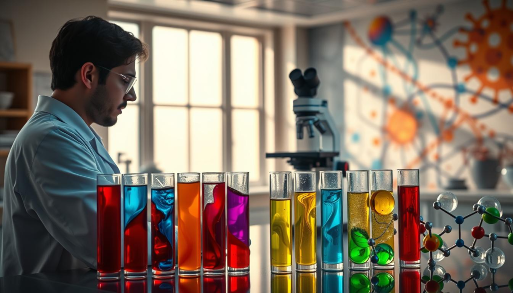 A laboratory scene depicting the concept of "emotional intensity biochemistry." In the foreground, a scientist in a crisp white lab coat examines colorful test tubes filled with vibrant, swirling liquids representing various emotions—red for anger, blue for sadness, yellow for joy, green for jealousy. The middle ground features a high-tech microscope surrounded by molecular models illustrating the complex biochemistry of emotions. The background shows soft, diffused lighting emanating from large windows, casting gentle shadows, and an abstract mural depicting DNA strands and neural connections to symbolize emotional depth. The overall mood is contemplative and vibrant, emphasizing the intensity of emotions through bright colors and dynamic forms, seamlessly blending science and emotion in a serene yet engaging atmosphere. A laboratory scene depicting the concept of "emotional intensity biochemistry." In the foreground, a scientist in a crisp white lab coat examines colorful test tubes filled with vibrant, swirling liquids representing various emotions—red for anger, blue for sadness, yellow for joy, green for jealousy. The middle ground features a high-tech microscope surrounded by molecular models illustrating the complex biochemistry of emotions. The background shows soft, diffused lighting emanating from large windows, casting gentle shadows, and an abstract mural depicting DNA strands and neural connections to symbolize emotional depth. The overall mood is contemplative and vibrant, emphasizing the intensity of emotions through bright colors and dynamic forms, seamlessly blending science and emotion in a serene yet engaging atmosphere.