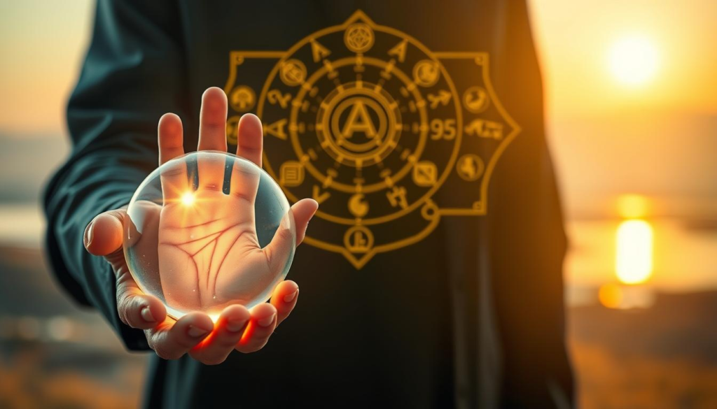 A mystical scene depicting "SoulMirror AI Palmistry," focused on a pair of hands gently holding a radiant crystal ball at the forefront, showcasing intricate palm patterns illuminated by soft, celestial light. In the middle ground, a holographic palmistry chart hovers, displaying a blend of traditional palmistry symbols and modern AI elements, with a gentle golden aura surrounding the entire composition. The background features a serene, softly blurred landscape, hinting at an ethereal realm that fuses nature and technology. The overall mood is calm and reflective, inspiring a sense of personal direction and enlightenment. The lighting is warm and inviting, capturing the essence of innovation merging with tradition, without any text or distractions. Suitable for a professional setting. A mystical scene depicting "SoulMirror AI Palmistry," focused on a pair of hands gently holding a radiant crystal ball at the forefront, showcasing intricate palm patterns illuminated by soft, celestial light. In the middle ground, a holographic palmistry chart hovers, displaying a blend of traditional palmistry symbols and modern AI elements, with a gentle golden aura surrounding the entire composition. The background features a serene, softly blurred landscape, hinting at an ethereal realm that fuses nature and technology. The overall mood is calm and reflective, inspiring a sense of personal direction and enlightenment. The lighting is warm and inviting, capturing the essence of innovation merging with tradition, without any text or distractions. Suitable for a professional setting.