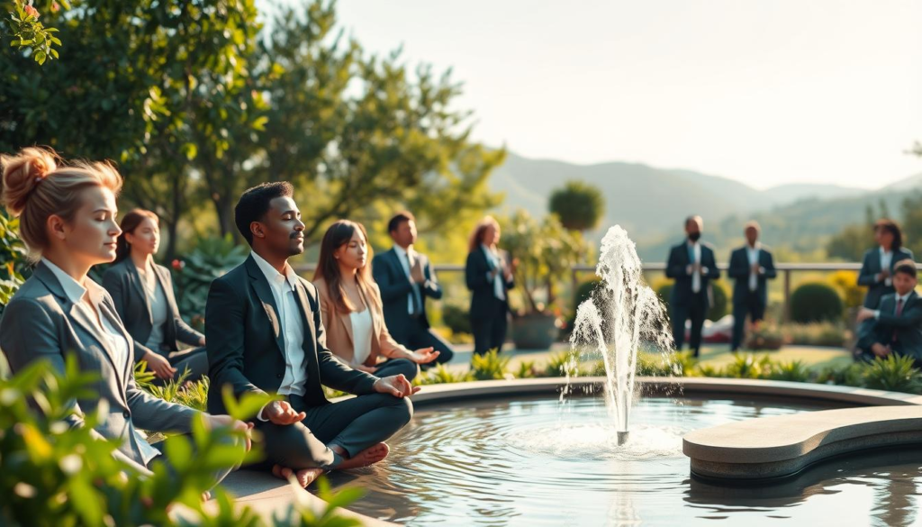 A serene and calming scene showcasing various emotional regulation techniques. In the foreground, a diverse group of individuals practicing mindfulness, meditation, and deep breathing amidst lush greenery. They wear professional business attire and appear focused and relaxed. The middle ground features a peaceful garden environment with soft, flowing water from a small fountain, symbolizing emotional release. In the background, gentle hills and a clear sky create a sense of expansiveness. The lighting is warm and gentle, casting soft shadows, enhancing the tranquil mood. The angle is slightly elevated, giving a panoramic view of the scene, reflecting the invisible language of energy and how it influences emotional patterns. The overall atmosphere is one of harmony, balance, and emotional well-being.