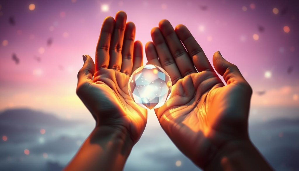 A serene and captivating scene illustrating "palmistry love," featuring a close-up of two hands gently touching, palms open and displaying intricate lines and symbols. The foreground showcases the hands with delicate gold accents reflecting a mystical aura. In the middle ground, a soft-focus crystal orb glows, symbolizing emotional clarity and connection, surrounded by ethereal, swirling lights. The background is filled with a dreamy, celestial landscape, featuring a soft gradient of purples and blues, sprinkled with stars for a tranquil ambiance. The lighting is warm and inviting, casting a golden glow that enhances the sense of vulnerability and openness in love. The overall mood is reflective and enchanting, embodying the spirit of modern palmistry while inviting introspection and connection.