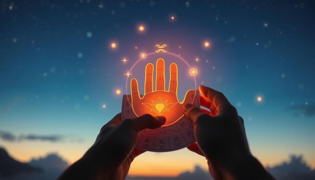 A serene and enchanting scene illustrating "romantic compatibility through palmistry." In the foreground, two hands, elegantly positioned, are gently holding a palmistry chart adorned with graceful, celestial symbols. The middle ground features soft, glimmering golden auras enveloping the hands, symbolizing connection and harmony. In the background, a mystical twilight sky, illuminated by twinkling stars and a subtle, ethereal glow, enhances the atmosphere. The lighting is soft and diffused, creating a dreamy ambience. The lens captures the scene with a slight depth of field, focusing attention on the hands while softly blurring the background. Overall, the mood conveys a blend of tradition and modernity, embodying emotional balance and compatibility in relationships.