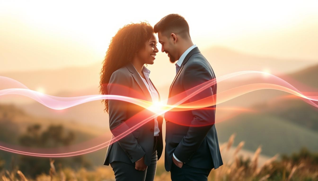 A serene and harmonious scene depicting energy compatibility in relationships. In the foreground, a diverse couple dressed in professional business attire, standing close with warm smiles, exchanging a subtle glow symbolizing connection. In the middle ground, soft, flowing waves of light intertwining representing their unique energies merging together, creating a vibrant spectrum of colors. The background features a tranquil nature setting with gentle hills and a soft sunset casting a warm golden light, enhancing the peaceful atmosphere. The image should evoke feelings of unity, understanding, and warmth. Use soft, diffused lighting to create a dreamy effect, and a slightly elevated angle to capture the couple and their connection effectively, while keeping the focus on their harmonious energy.
