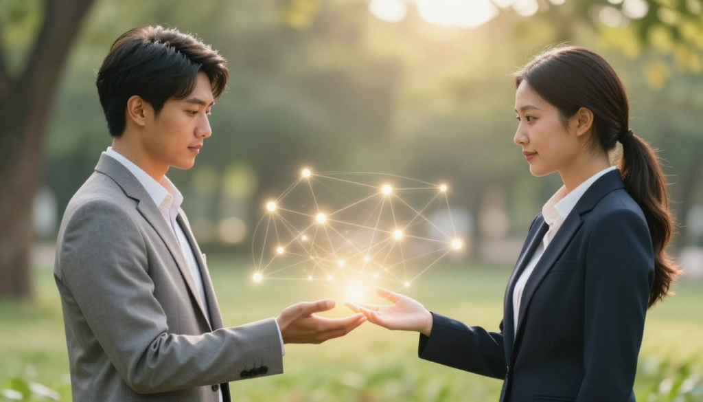 A serene and harmonious scene illustrating the concept of "energy connection" between two individuals. In the foreground, two diverse people, one male and one female, are standing close, their hands almost touching, emitting a soft glow that symbolizes energy flow. Both are dressed in professional business attire, conveying seriousness and respect. The middle ground features a faint, glowing web of light connecting them, illustrating the invisible bond of energy. The background is softly blurred, showcasing a tranquil park with gentle greenery and soft sunlight filtering through the leaves, creating a warm and inviting atmosphere. The lighting is soft and diffused, enhancing the ethereal quality of the connection. The composition captures the essence of an emotional and spiritual bond, evoking feelings of warmth, understanding, and unity. A serene and harmonious scene illustrating the concept of "energy connection" between two individuals. In the foreground, two diverse people, one male and one female, are standing close, their hands almost touching, emitting a soft glow that symbolizes energy flow. Both are dressed in professional business attire, conveying seriousness and respect. The middle ground features a faint, glowing web of light connecting them, illustrating the invisible bond of energy. The background is softly blurred, showcasing a tranquil park with gentle greenery and soft sunlight filtering through the leaves, creating a warm and inviting atmosphere. The lighting is soft and diffused, enhancing the ethereal quality of the connection. The composition captures the essence of an emotional and spiritual bond, evoking feelings of warmth, understanding, and unity.