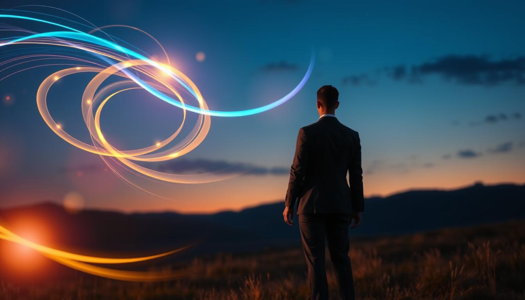A serene and harmonious scene representing "energy compatibility attraction." In the foreground, a couple dressed in professional business attire stands with their backs to the viewer, their hands nearly touching, radiating a soft glow of intertwined energy. The middle ground features swirling, colorful light patterns symbolizing emotional waves and vibrational energy, blending hues of blue and gold. In the background, a tranquil landscape with soft hills under a twilight sky sets the mood, infused with gentle illumination from celestial bodies above. The lighting is warm and inviting, creating a sense of comfort and connection. Capture this interaction from a medium angle to emphasize the connection and flow of energy, evoking feelings of affection and intrigue in a well-composed, balanced composition.