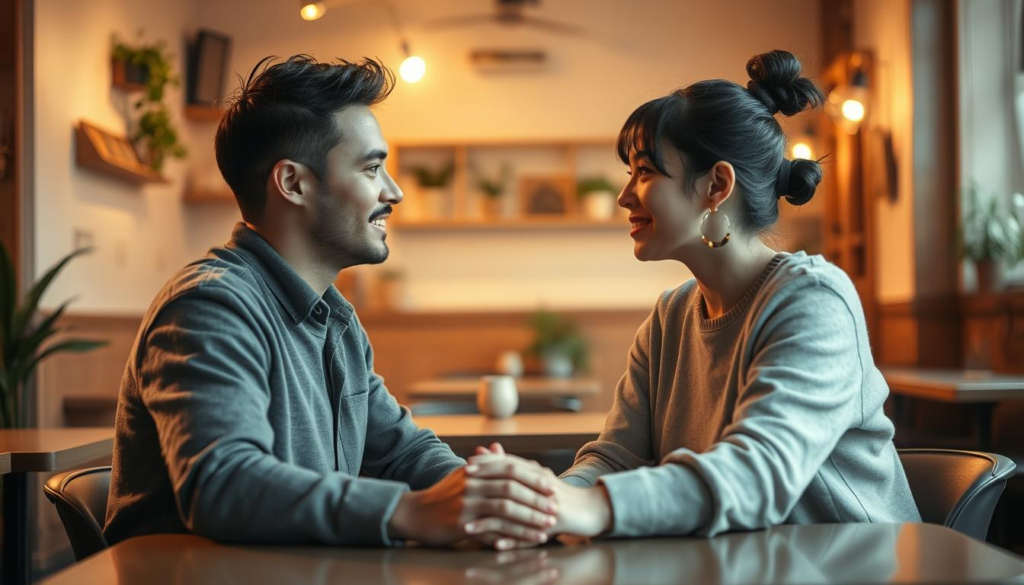 A serene and intimate moment between a couple in a cozy, softly lit café, captured through a warm lens. The foreground features the couple, a man and a woman, both dressed in modest casual attire, sharing a heartfelt gaze that conveys deep emotional support and connection. Their hands gently touch on the table, symbolizing unity. In the middle background, subtle details like soft greenery and warm wooden accents create a welcoming atmosphere. The lighting is gentle and mistical, casting a golden aura around them, enhancing the mood of love and alignment. The overall composition is symmetrical and displays a soft focus that adds an ethereal quality, inviting the viewer to feel the warmth of their bond.