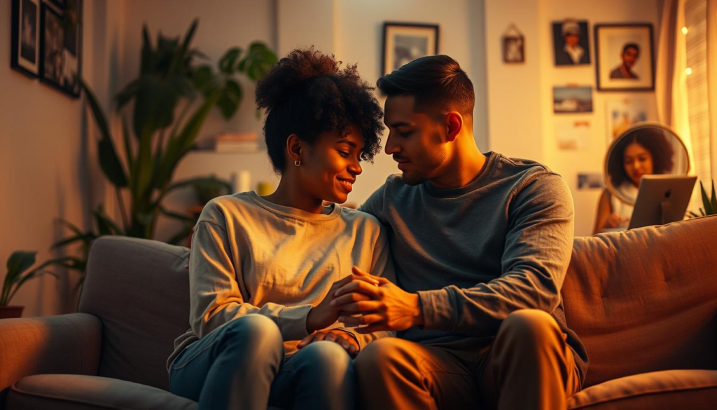 A serene and intimate scene depicting emotional openness in relationships. In the foreground, a diverse couple, dressed in modest casual clothing, sits on a comfortable couch, sharing a moment of deep connection. Their body language conveys trust and vulnerability, with their hands gently clasped together. In the middle ground, soft, warm lighting creates a golden aura that envelops them, highlighting their expressions of sincerity and affection. The background features a softly blurred, cozy room filled with plants and meaningful photographs, enhancing the atmosphere of warmth and safety. The overall mood is calm and inviting, with a mistical celestial light filtering through the space, adding a touch of enchantment. The composition is symmetrical, emphasizing balance and harmony in their relationship.